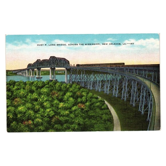 Vintage Huey P Long Bridge Postcard New Orleans Mississippi Railroad Train View - Picture 1 of 2